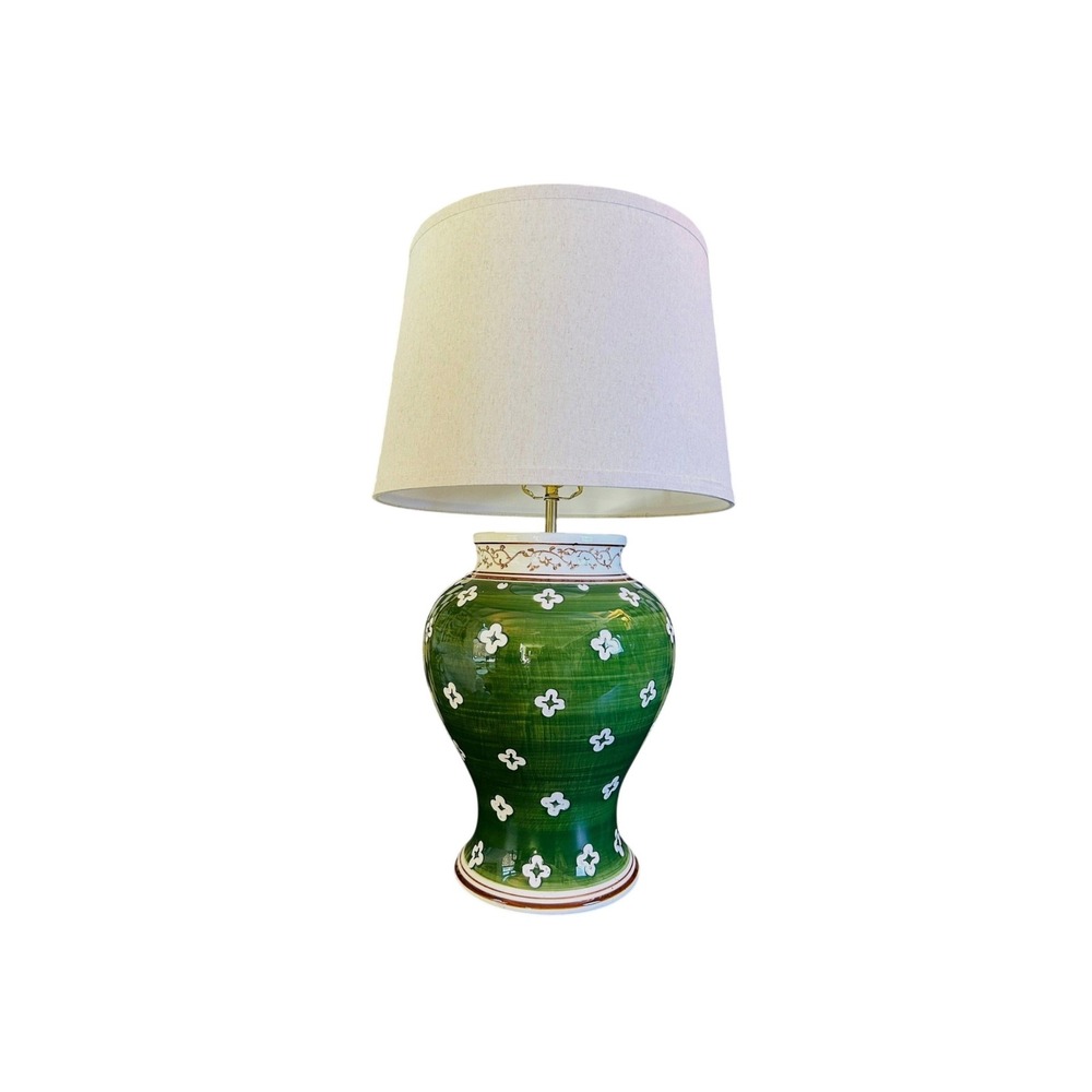 Large Green Ceramic Table Lamp | Quatrefoil Ginger Jar Style 26"